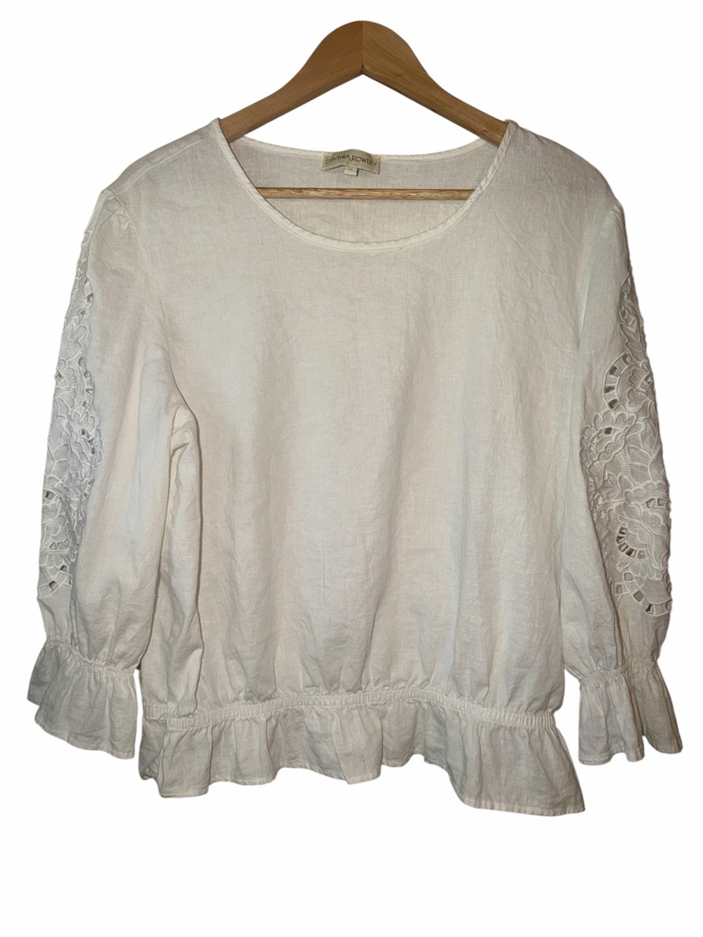 Linen Blend Cynthia Rowley Boho Peplum Blouse Embroidered Floral Sleeve Size XL